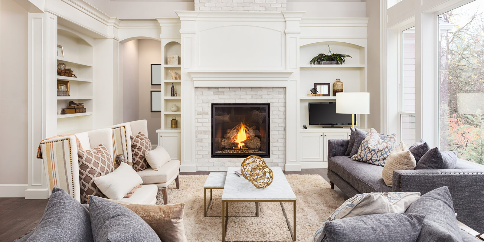 Elegant living room space with fireplace